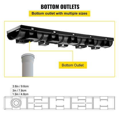 Trench Drain System, Channel Drain with Metal Grate, 5.7x3.1-Inch HDPE Drainage Trench, Black Plastic Garage Floor Drain, 5x39 Trench Drain Grate, with 5 End Caps, for Garden, Driveway-5 Pack