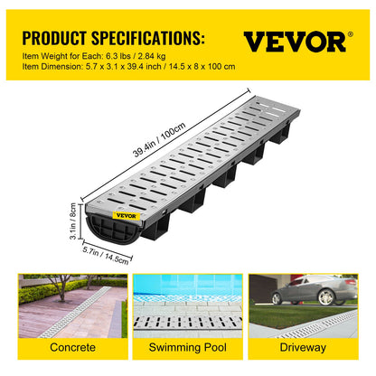 Trench Drain System, Channel Drain with Metal Grate, 5.7x3.1-Inch HDPE Drainage Trench, Black Plastic Garage Floor Drain, 5x39 Trench Drain Grate, with 5 End Caps, for Garden, Driveway-5 Pack