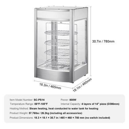 Food Warmer Display for 14" Pizza, 4-Tier Commercial Pizza Warmer Electric