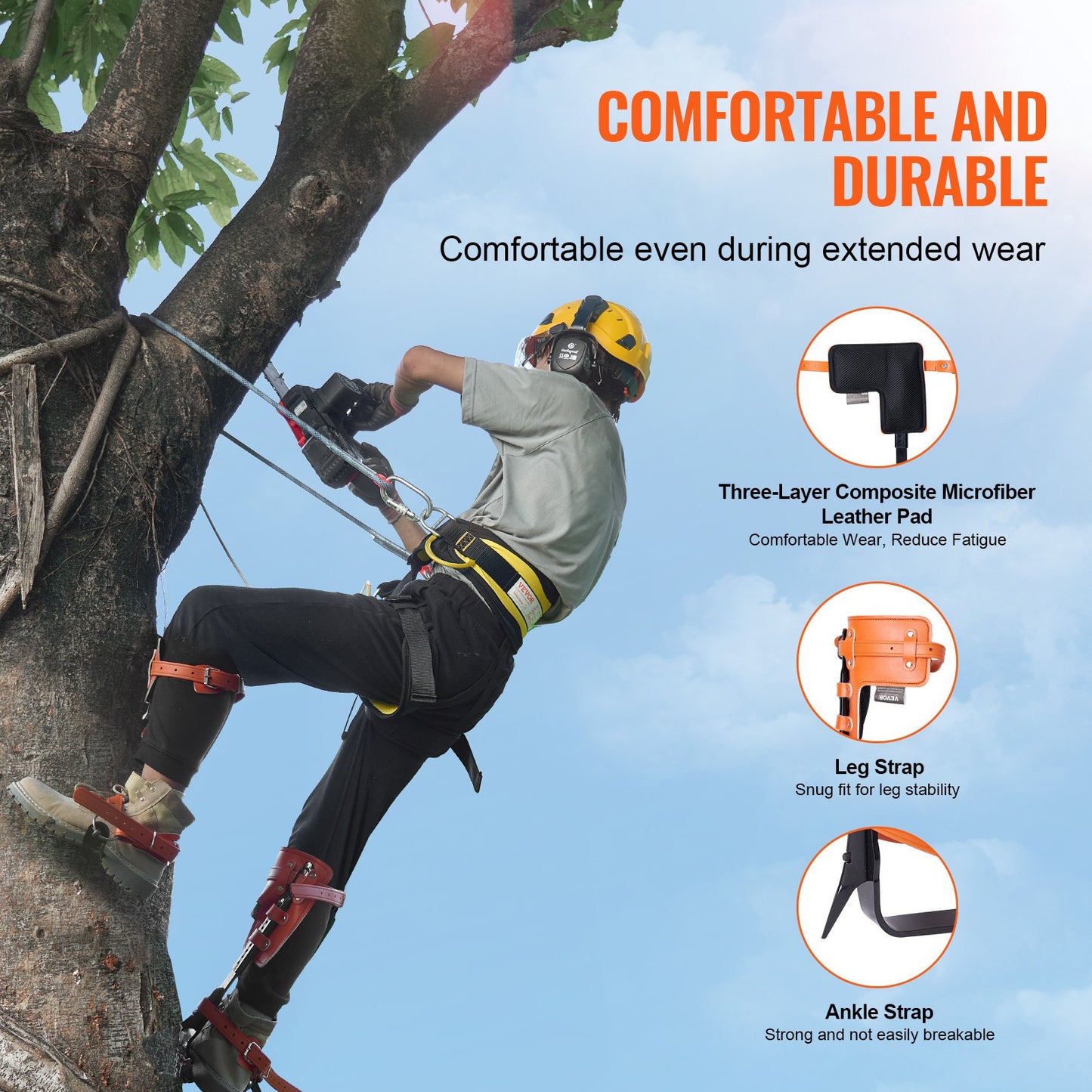 Tree Climbing Spikes Set, 1 Pair Alloy Steel Climbing Spurs with Safety Rope and Safety Harness, 350lbs Load Capacity Tree Climbing Gear, Arborist Equipment for Climbers, Fruit Picking, Orange