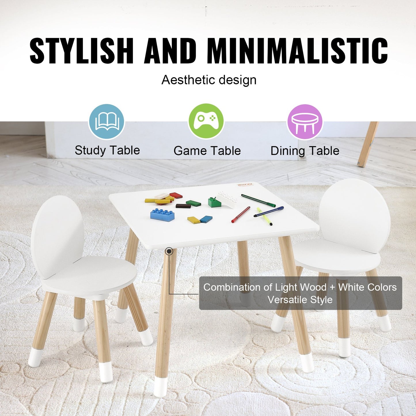 Kids Table and 2 Chairs Set, Toddler Table and Chair Set, Children Multi-Activity Table for Art, Craft, Reading, Learning, 1 Table and 2 Chairs
