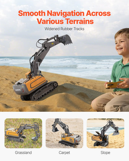 Remote Control Excavator Toy, 11 Channel, 1:20 Scale Remote Control Digger Toy, RC Excavator with Lights & Sounds, Full Functional Construction Vehicles for Kids, 2 Batteries, Birthday Present