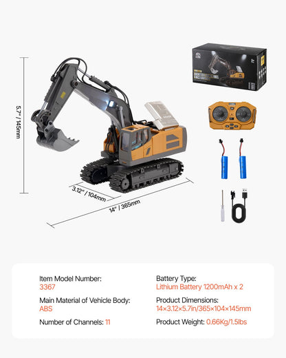Remote Control Excavator Toy, 11 Channel, 1:20 Scale Remote Control Digger Toy, RC Excavator with Lights & Sounds, Full Functional Construction Vehicles for Kids, 2 Batteries, Birthday Present