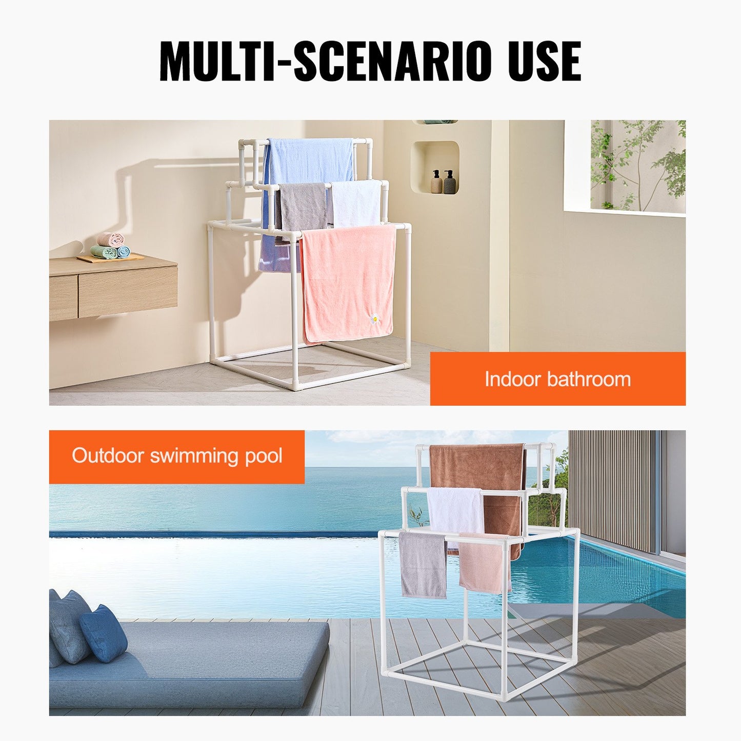 Handdukshängare 8-bars PVC-handdukshållare utomhus för Poolside Spa Badrum Vit