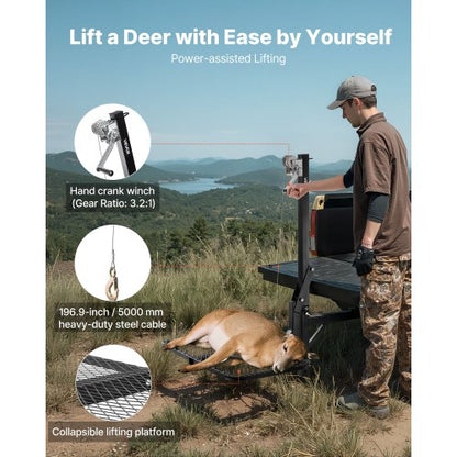 Hjortlyft med lyftplattform, 136 kg lastkapacitet, viltlyft med vinsch och 5 cm mottagare, 360 graders svängbar axel och hopfällbar, dragkrokmonterad hjorthängare för att flytta vilt |  EU