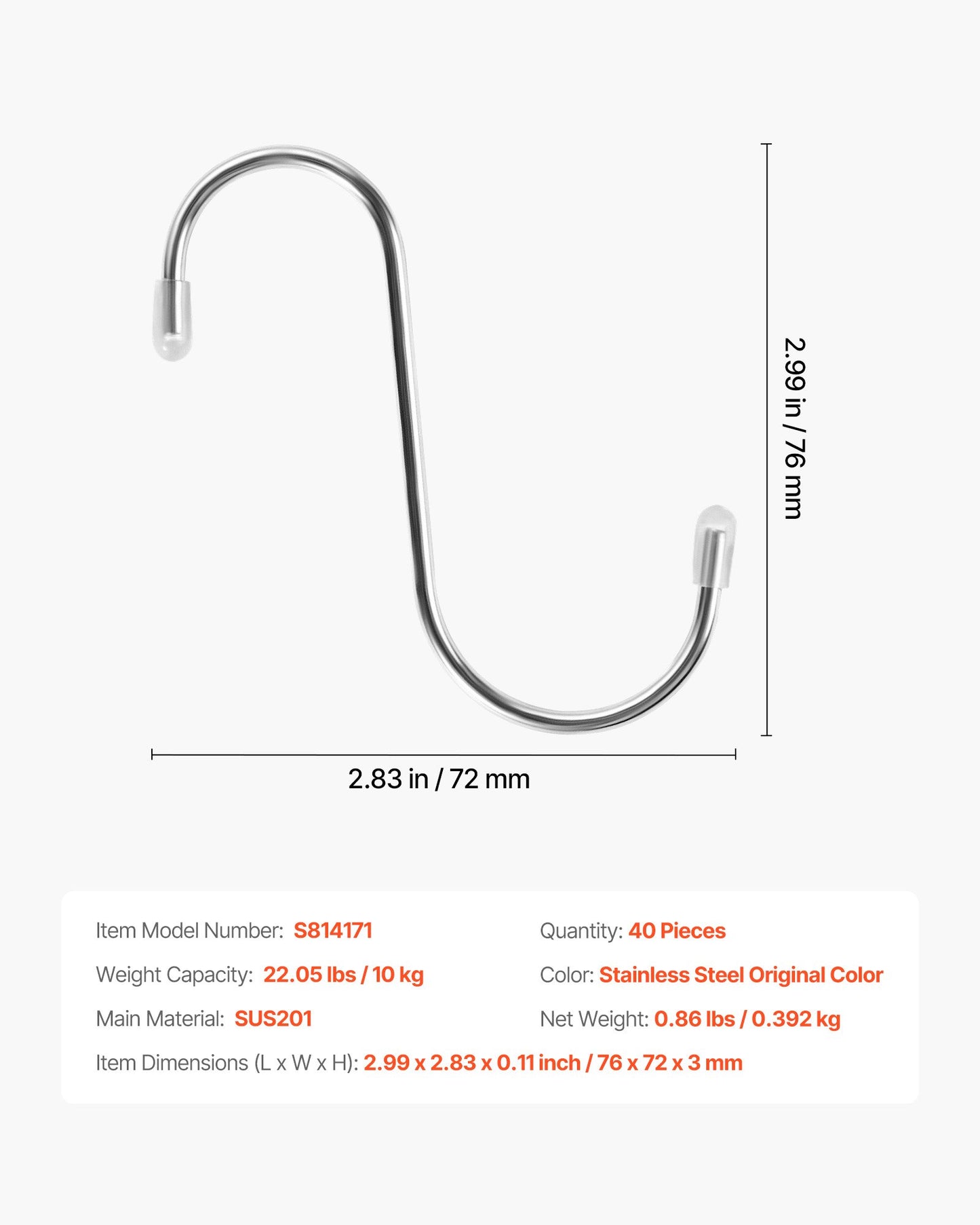 S Hooks 40 Pack, 3.4 Inch Metal S Shaped Hangers of 22.05 LBS Load Capacity, Heavy Duty Stainless Steel Hanging Hooks for Hanging Plants, Jeans, Clothes in Garden, Closet, Kitchen, Bathroom
