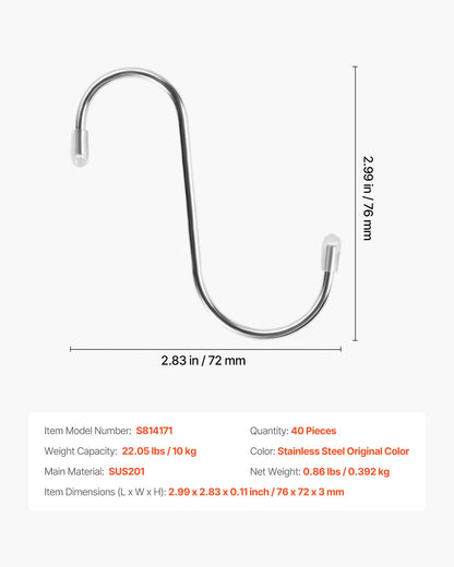 S Hooks 40 Pack, 3.4 Inch Metal S Shaped Hangers of 22.05 LBS Load Capacity, Heavy Duty Stainless Steel Hanging Hooks for Hanging Plants, Jeans, Clothes in Garden, Closet, Kitchen, Bathroom