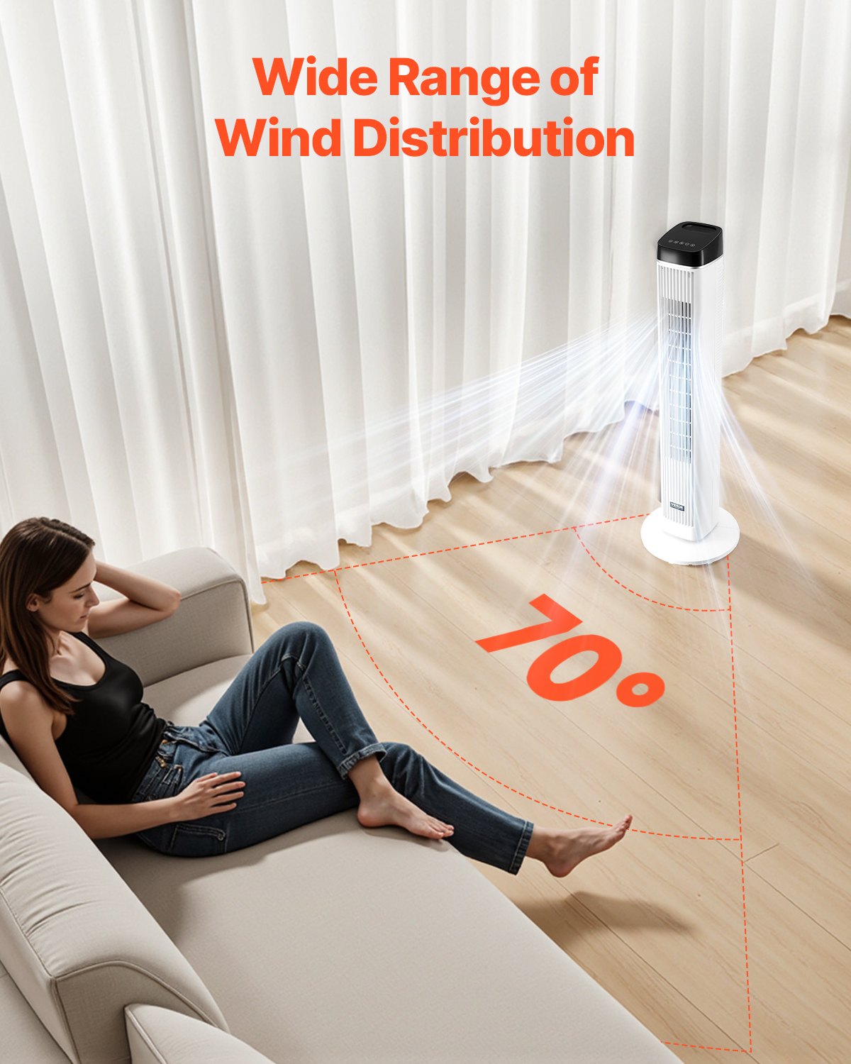 Tower Fan, 22 ft/s Velocity Quiet Floor Fan, 70° Oscillating Fans for Indoors with 3 Speeds, 4 Modes, 12H Timer, Portable Standing Bladeless Fan with Remote Control for Bedroom, Office, Home