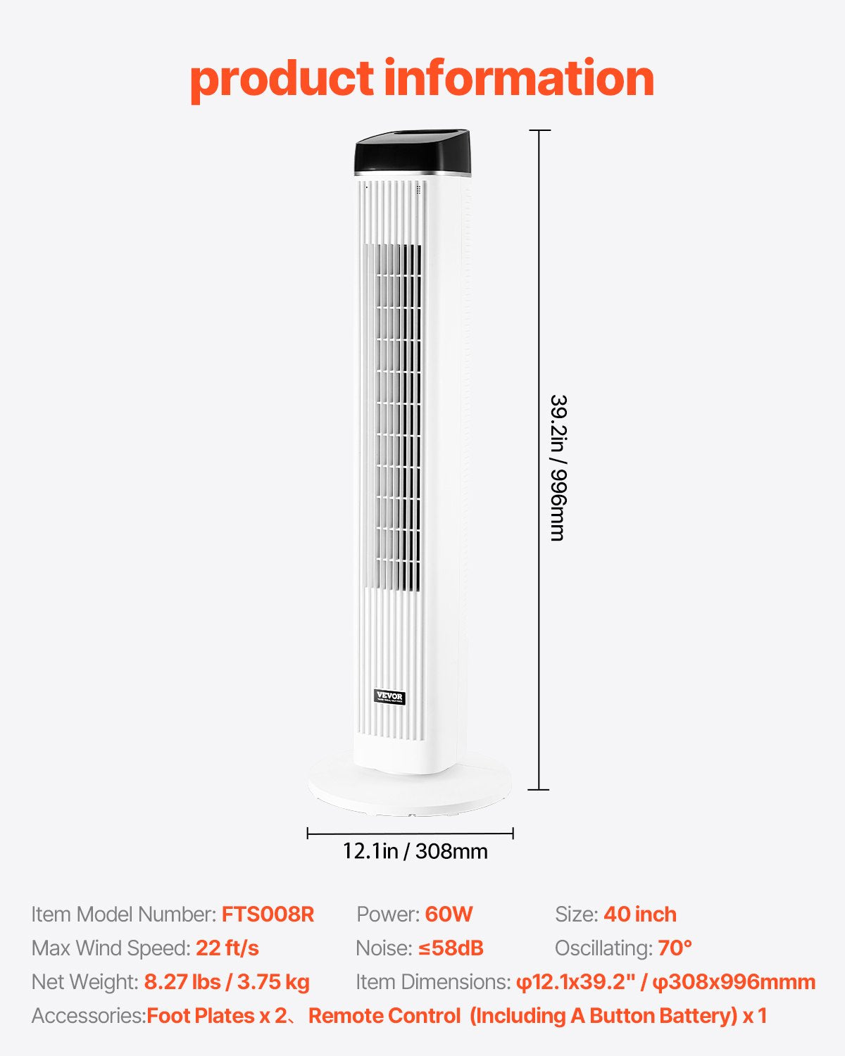 Tower Fan, 22 ft/s Velocity Quiet Floor Fan, 70° Oscillating Fans for Indoors with 3 Speeds, 4 Modes, 12H Timer, Portable Standing Bladeless Fan with Remote Control for Bedroom, Office, Home