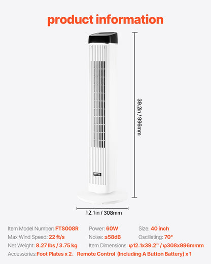 Tower Fan, 22 ft/s Velocity Quiet Floor Fan, 70° Oscillating Fans for Indoors with 3 Speeds, 4 Modes, 12H Timer, Portable Standing Bladeless Fan with Remote Control for Bedroom, Office, Home