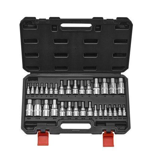 Hex Bit Socket Set, 32-Piece, S2 Alloy Steel and Cr-V Steel, Standard SAE and Metric, 1/4 in, 3/8 in, and 1/2 in Drives, with Enhanced Storage Case, Allen Socket Set for Mechanics, Auto Repair