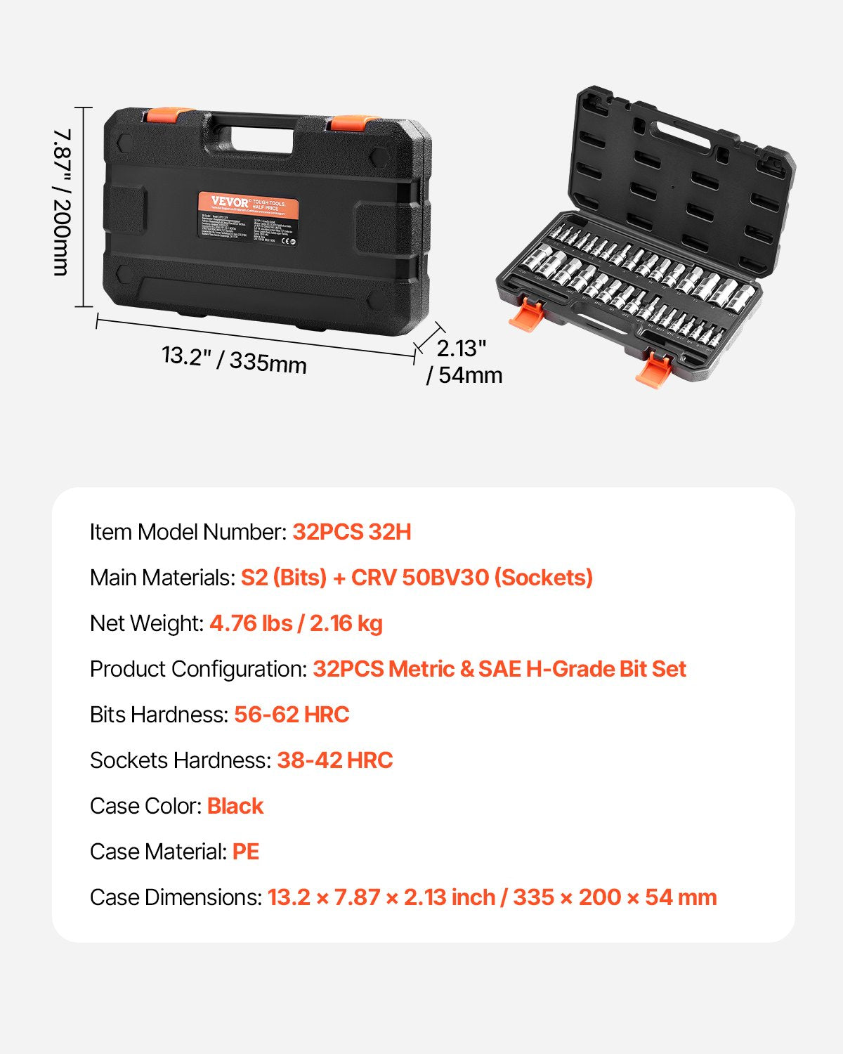 Sexkantssocket set 32-delat S2 legerat stål Cr-V stål Standard SAE och metriskt