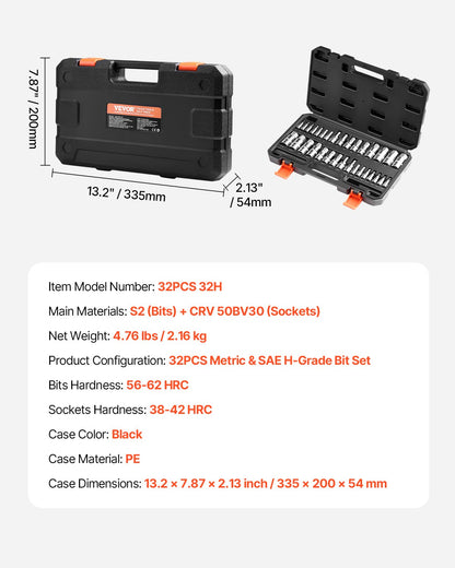 Sexkantssocket set 32-delat S2 legerat stål Cr-V stål Standard SAE och metriskt