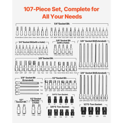 Bitsocket set 107-delad SAE och metrisk hex/torx/E-torx/manipulationssäker/extra lång |  EU