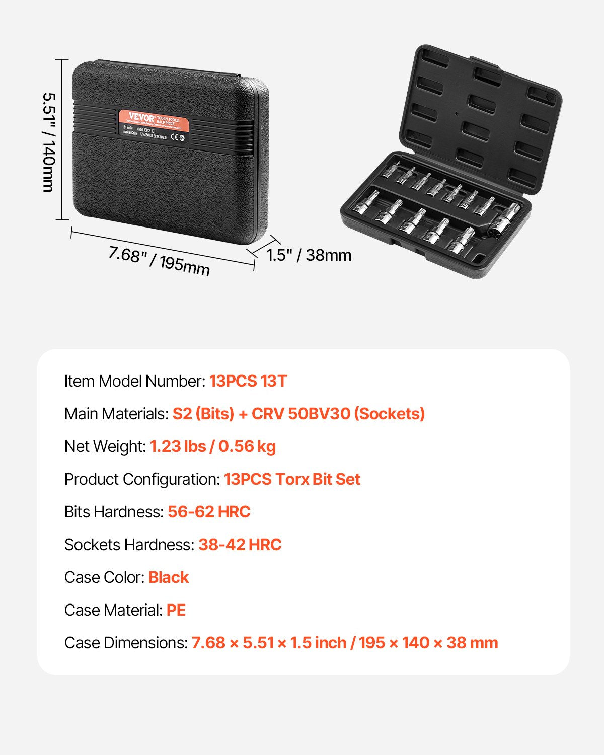 Torx Bits Socket Set 13-delad Star T8 - T60 Set S2 Legerat stål och Cr-V stål