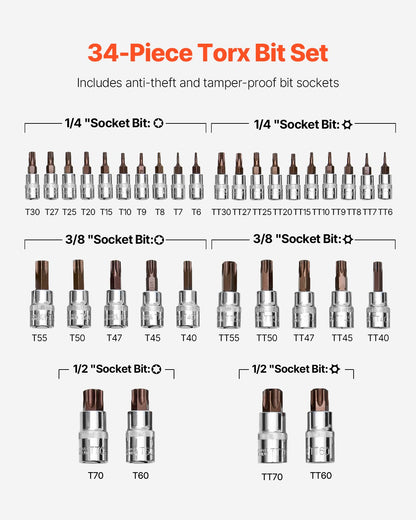 Torx Bits Sockel Set 34-delad Solid Star och manipuleringssäker T6-T70 S2 Legerat stål
