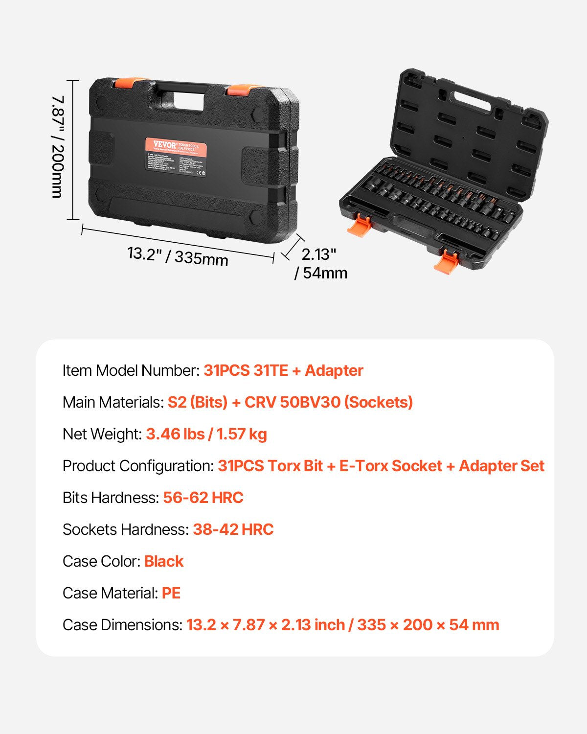Torx-Bit-Steckschlüssel- und Außentorx-Steckschlüsselsatz 31-teilig T8-T70 und E4-E24 Stahl