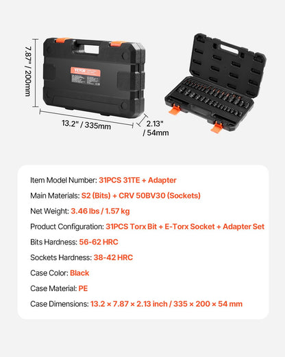 Torx-Bit-Steckschlüssel- und Außentorx-Steckschlüsselsatz 31-teilig T8-T70 und E4-E24 Stahl