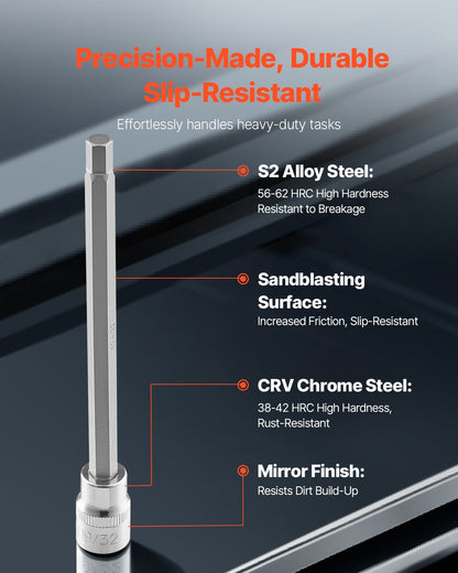 Extra long hex socket set 18-piece 3/8 inch Drive S2 Alloy steel Cr-V