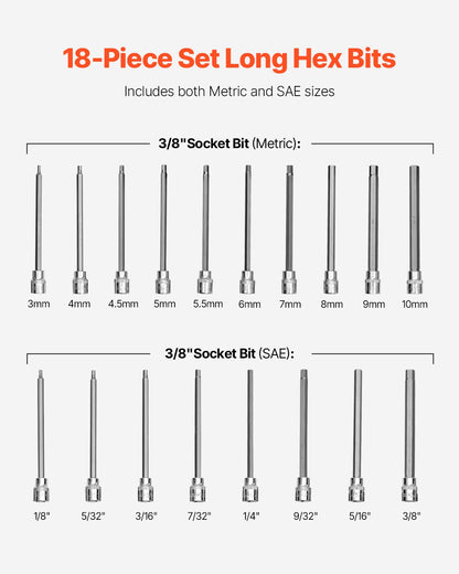 Extra long hex socket set 18-piece 3/8 inch Drive S2 Alloy steel Cr-V
