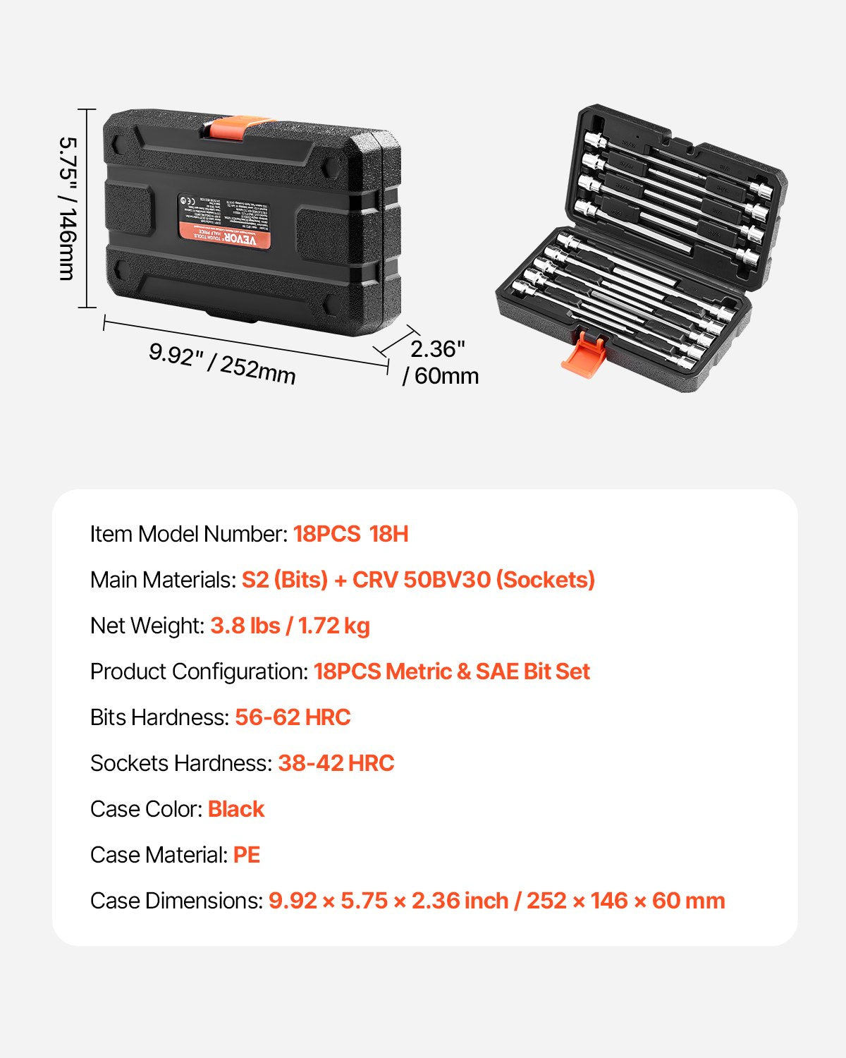 Extra long hex socket set 18-piece 3/8 inch Drive S2 Alloy steel Cr-V
