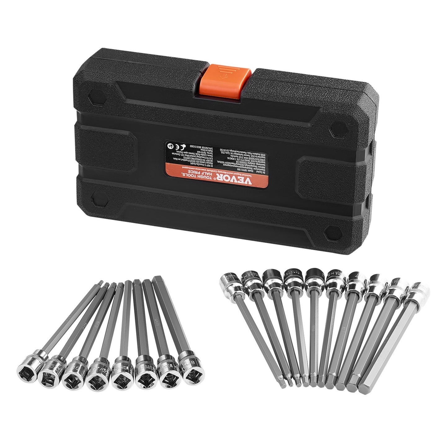 Extra long hex socket set 18-piece 3/8 inch Drive S2 Alloy steel Cr-V