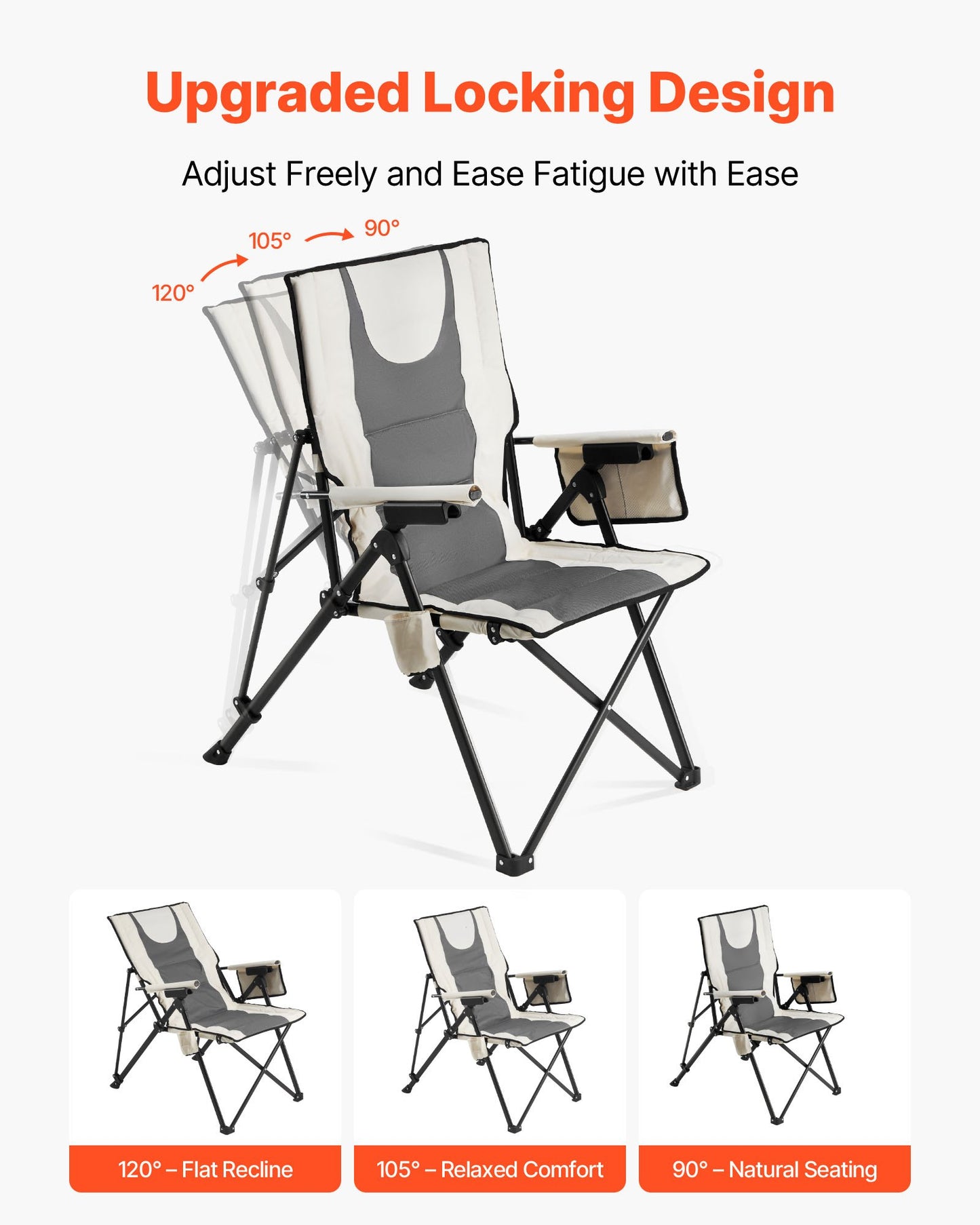 Folding Camping Chair, 3 Reclining Positions, Outdoor High Back Camping Chair, 260lbs Weight Capacity, Full Padded Beach Chairs with Armrest & Headrest, Portable Lawn Chairs for Sports Travel