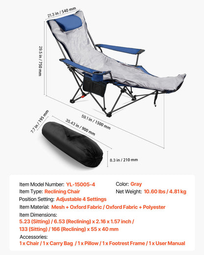 Reclining Camping Chair, 4 Adjustable Positions, Portable Folding Lounger for Adults, Mesh Beach Chair with Footrest & Plush Cushion, Supports 220 lbs, Heavy Duty Camp Chairs for Patio, Blue