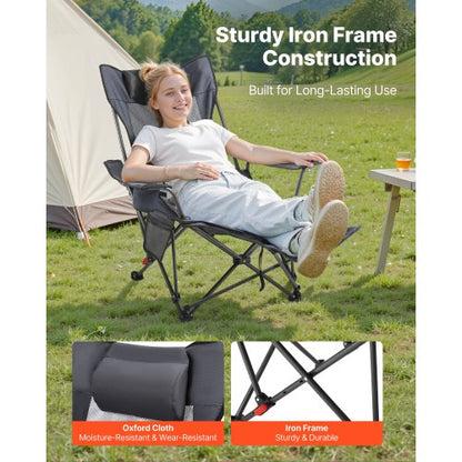 Vilfåtölj, 4 justerbara positioner, bärbar hopfällbar solstol för vuxna, nätstrandstol med nackstöd och fotstöd, stöder 220 lbs, kraftiga campingstolar för uteplats, grå |  EU