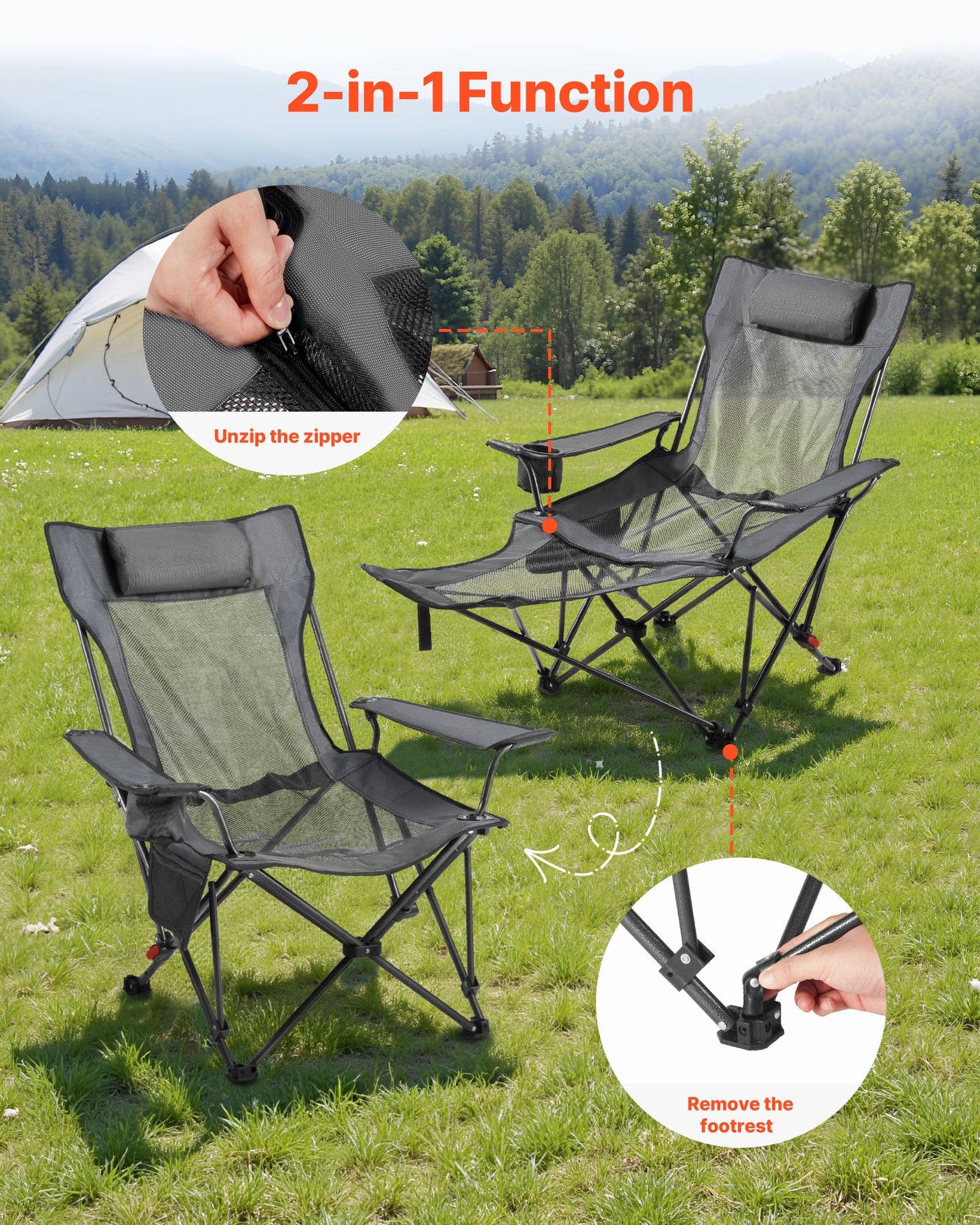 Reclining Camping Chair, 4 Adjustable Positions, Portable Folding Lounger for Adults, Mesh Beach Chair with Headrest & Foot Rest, Supports 220 lbs, Heavy Duty Camp Chairs for Patio, Gray