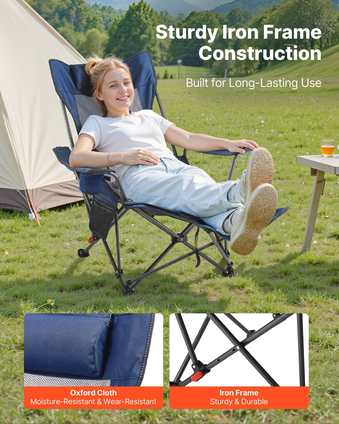 Reclining Camping Chair, 4 Adjustable Positions, Portable Folding Lounger for Adults, Mesh Beach Chair with Headrest & Foot Rest, Supports 220 lbs, Heavy Duty Camp Chairs for Patio, Blue