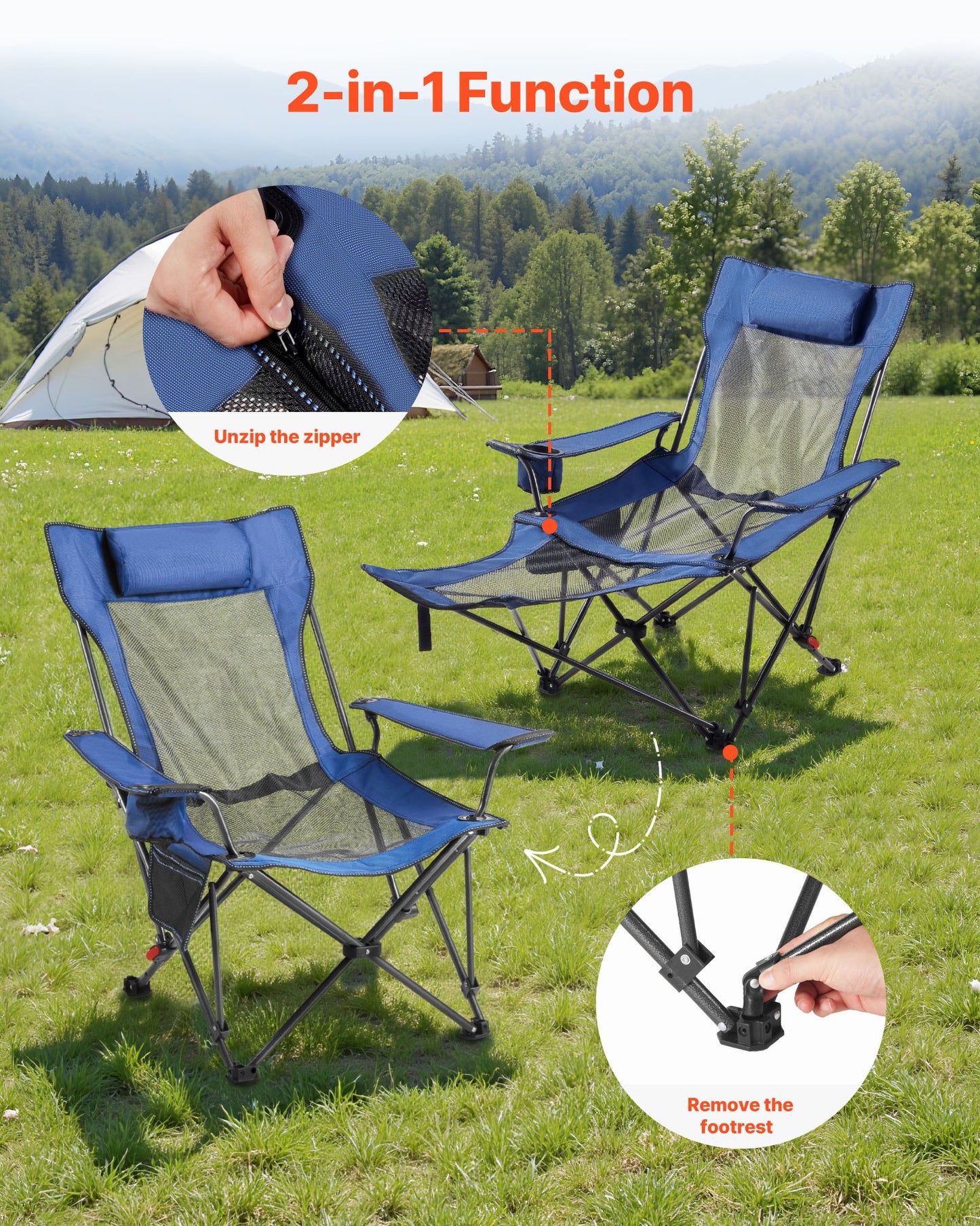 Reclining Camping Chair, 4 Adjustable Positions, Portable Folding Lounger for Adults, Mesh Beach Chair with Headrest & Foot Rest, Supports 220 lbs, Heavy Duty Camp Chairs for Patio, Blue