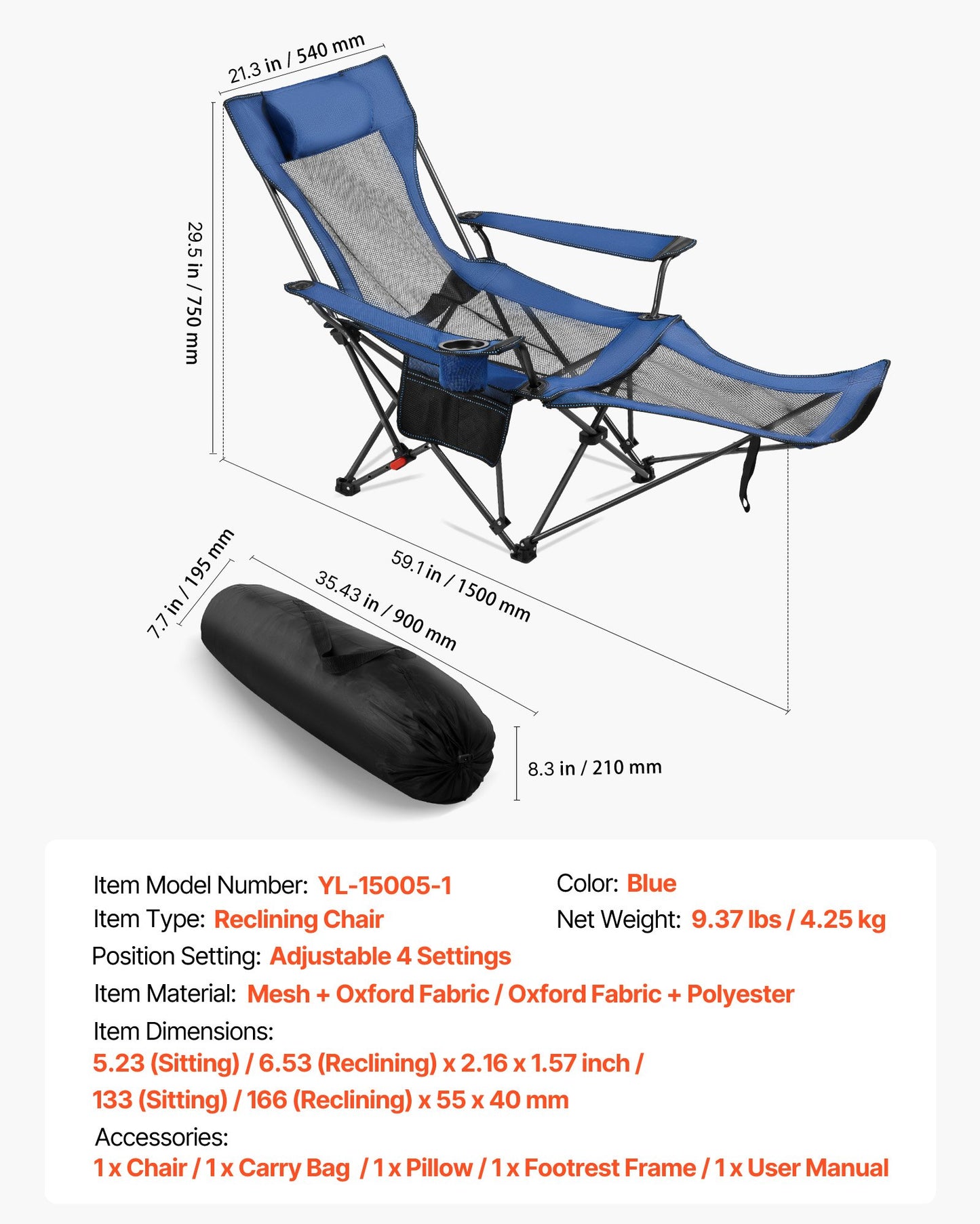 Reclining Camping Chair, 4 Adjustable Positions, Portable Folding Lounger for Adults, Mesh Beach Chair with Headrest & Foot Rest, Supports 220 lbs, Heavy Duty Camp Chairs for Patio, Blue