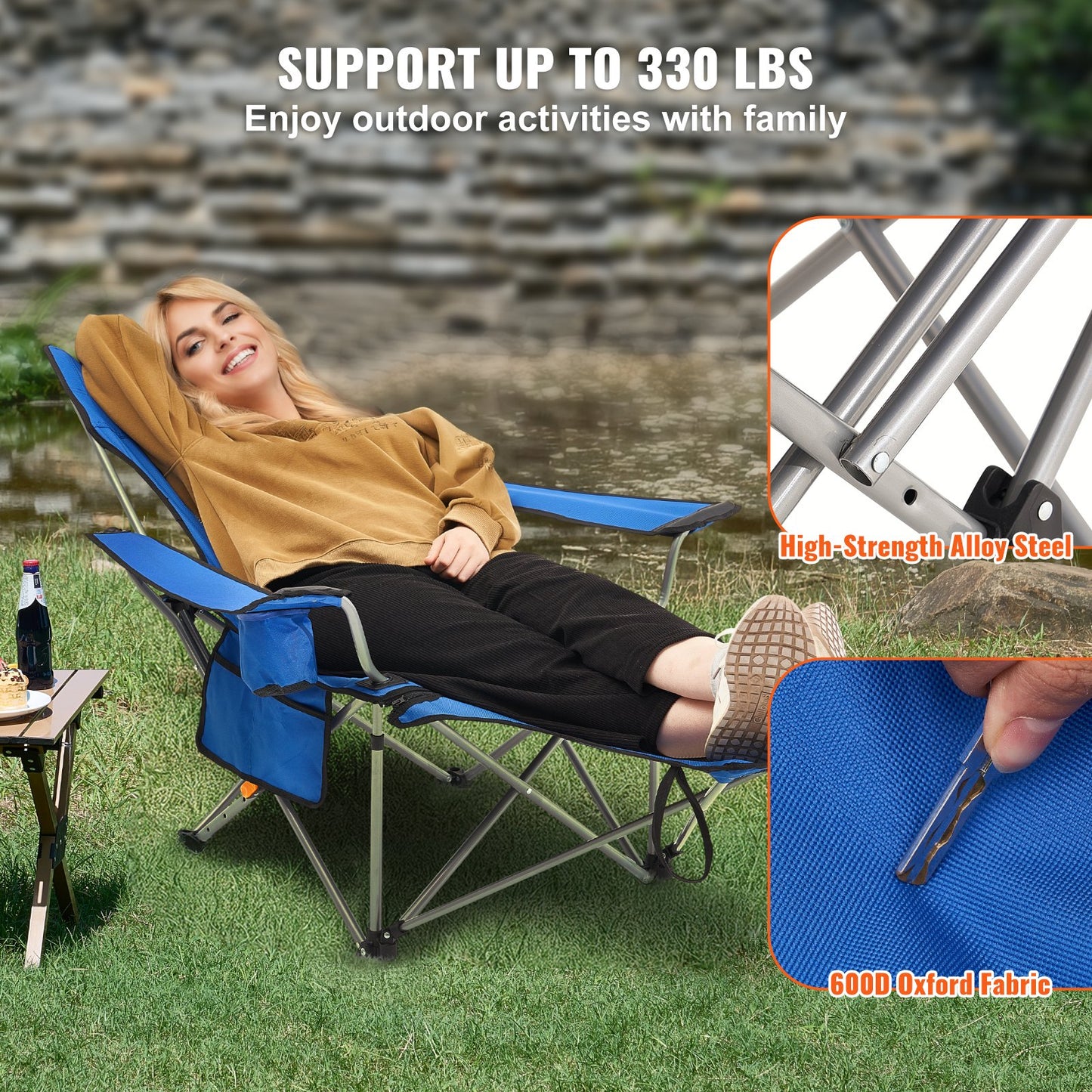Liggande campingstol Bärbar stol 330 lbs Last för utomhus och hem