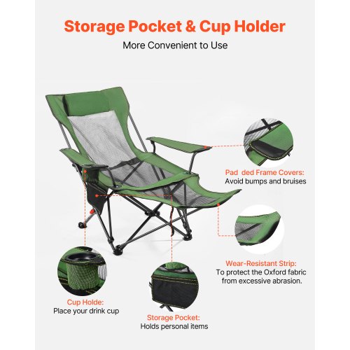 Vilfåtölj, 4 justerbara positioner, bärbar hopfällbar solstol för vuxna, nätstrandstol med nackstöd och fotstöd, stöder 220 lbs, kraftiga campingstolar för uteplats, grön |  EU