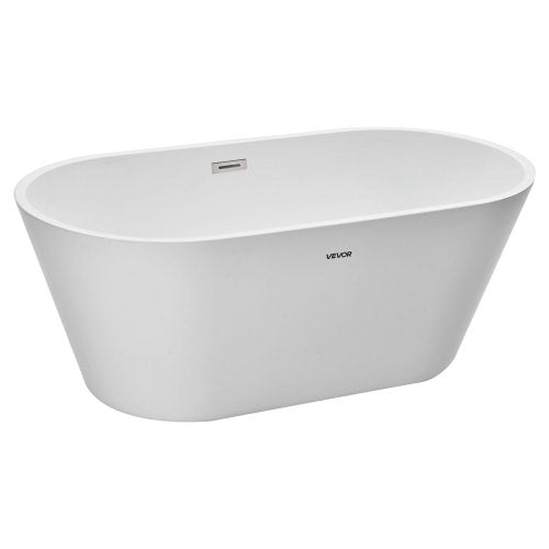 Acrylic Freestanding Bathtub, 59 Inch Contemporary Soaking White Tub with Brushed Nickel Overflow and Drain, Elegant Oval Shape Stand Alone Soaker Tub for Modern Bathroom or Remodel Projects