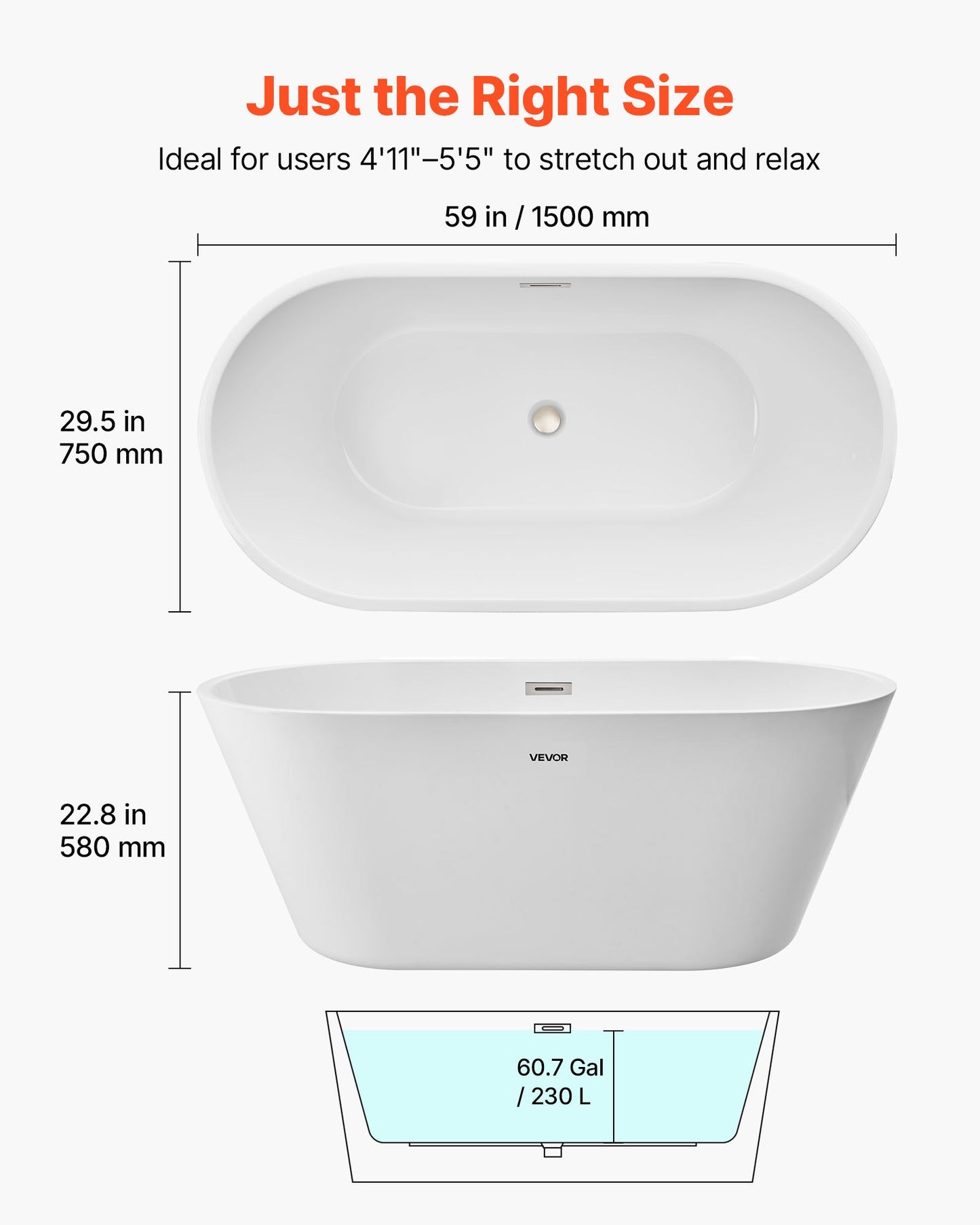 Acrylic Freestanding Bathtub, 59 Inch Contemporary Soaking White Tub with Brushed Nickel Overflow and Drain, Elegant Oval Shape Stand Alone Soaker Tub for Modern Bathroom or Remodel Projects