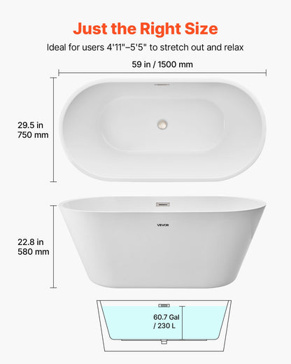 Acrylic Freestanding Bathtub, 59 Inch Contemporary Soaking White Tub with Brushed Nickel Overflow and Drain, Elegant Oval Shape Stand Alone Soaker Tub for Modern Bathroom or Remodel Projects