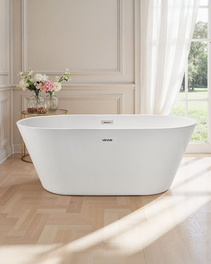 Acrylic Freestanding Bathtub, 59 Inch Contemporary Soaking White Tub with Brushed Nickel Overflow and Drain, Elegant Oval Shape Stand Alone Soaker Tub for Modern Bathroom or Remodel Projects