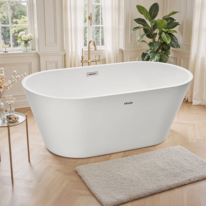 Acrylic Freestanding Bathtub, 59 Inch Contemporary Soaking White Tub with Brushed Nickel Overflow and Drain, Elegant Oval Shape Stand Alone Soaker Tub for Modern Bathroom or Remodel Projects