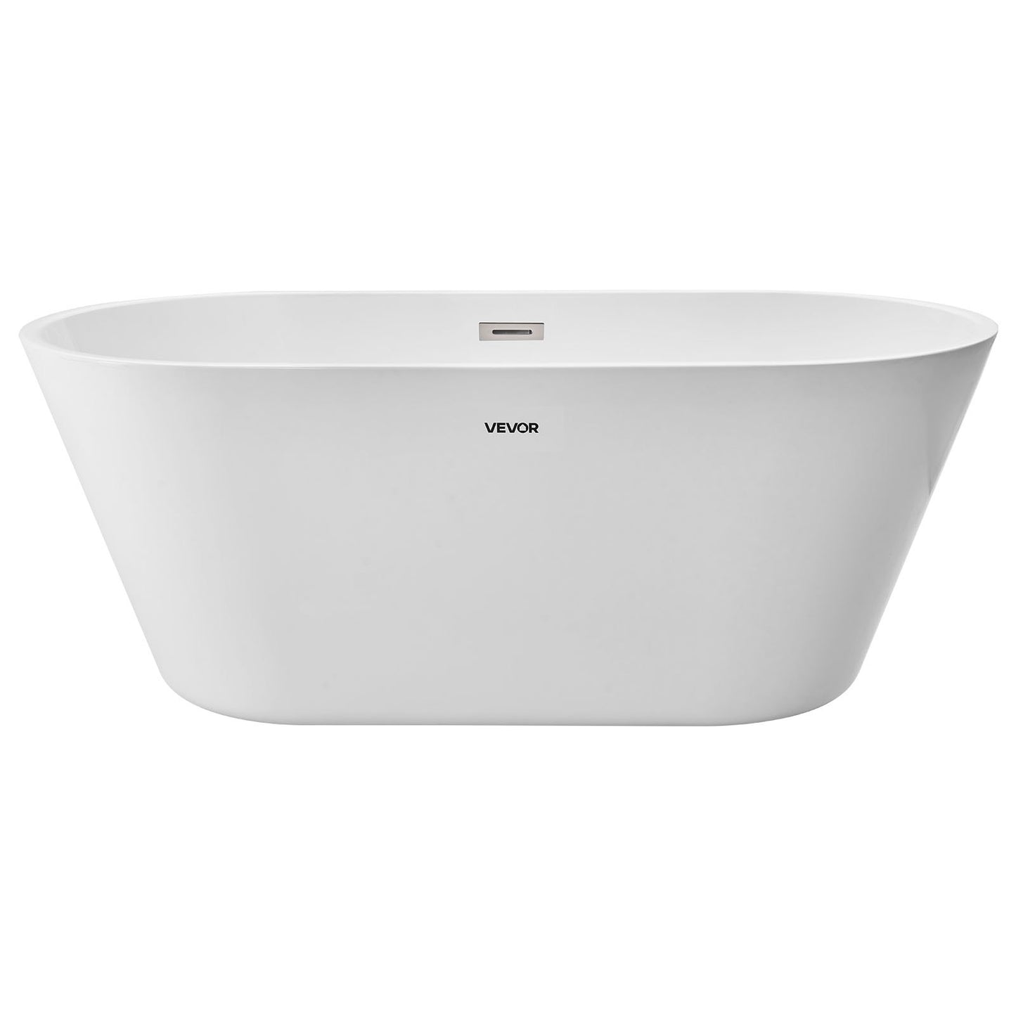 Acrylic Freestanding Bathtub, 59 Inch Contemporary Soaking White Tub with Brushed Nickel Overflow and Drain, Elegant Oval Shape Stand Alone Soaker Tub for Modern Bathroom or Remodel Projects