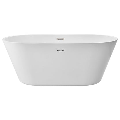 Acrylic Freestanding Bathtub, 59 Inch Contemporary Soaking White Tub with Brushed Nickel Overflow and Drain, Elegant Oval Shape Stand Alone Soaker Tub for Modern Bathroom or Remodel Projects