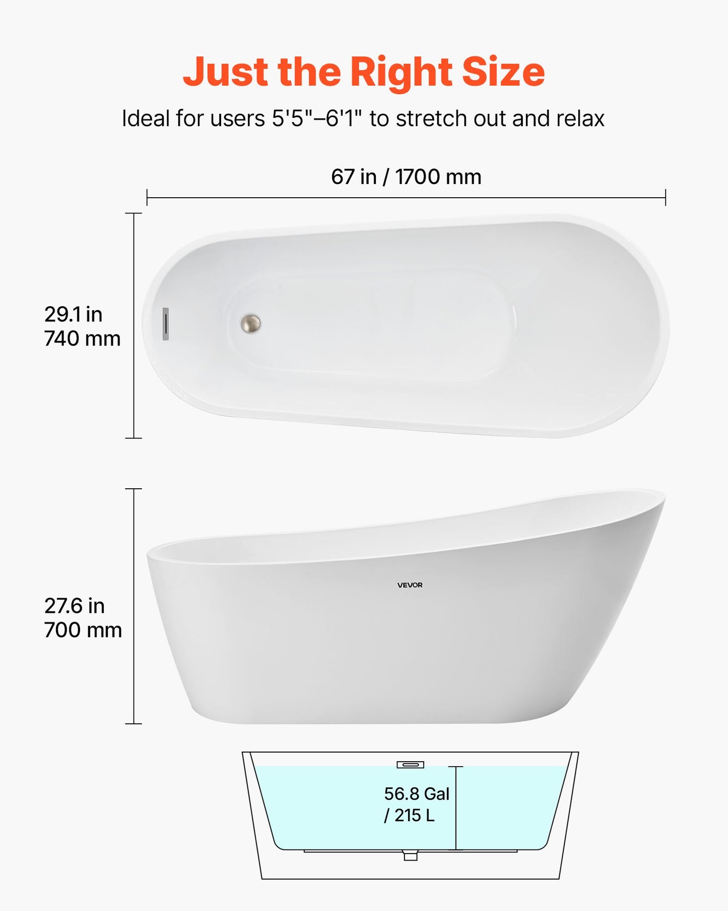 Acrylic Freestanding Bathtub, 67 Inch Contemporary Soaking White Tub with Brushed Nickel Overflow and Drain, Elegant Oval Shape Stand Alone Soaker Bathtub for Modern Bathroom or Remodel Project
