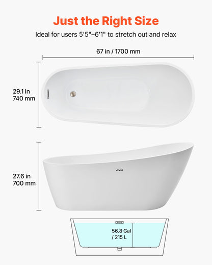 Acrylic Freestanding Bathtub, 67 Inch Contemporary Soaking White Tub with Brushed Nickel Overflow and Drain, Elegant Oval Shape Stand Alone Soaker Bathtub for Modern Bathroom or Remodel Project