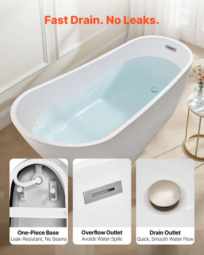 Acrylic Freestanding Bathtub, 67 Inch Contemporary Soaking White Tub with Brushed Nickel Overflow and Drain, Elegant Oval Shape Stand Alone Soaker Bathtub for Modern Bathroom or Remodel Project