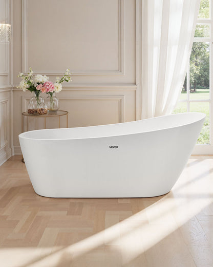 Acrylic Freestanding Bathtub, 67 Inch Contemporary Soaking White Tub with Brushed Nickel Overflow and Drain, Elegant Oval Shape Stand Alone Soaker Bathtub for Modern Bathroom or Remodel Project