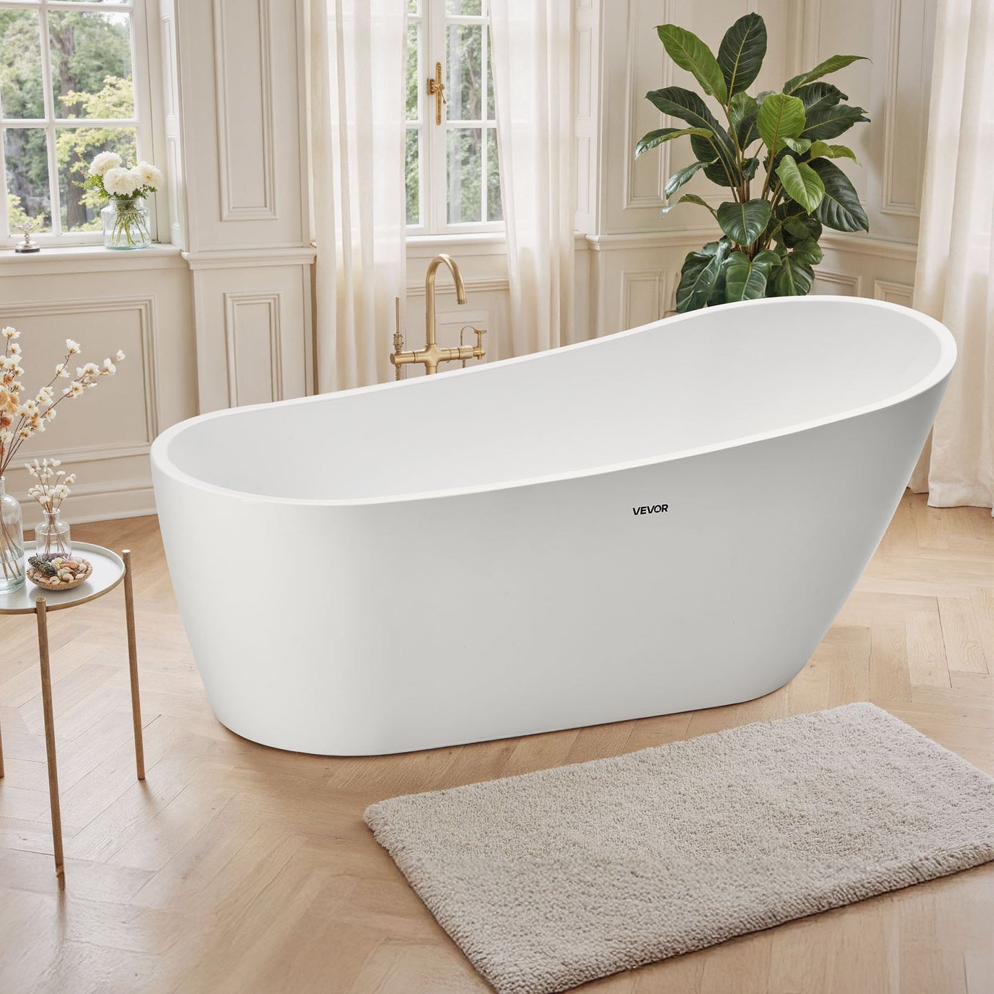 Acrylic Freestanding Bathtub, 67 Inch Contemporary Soaking White Tub with Brushed Nickel Overflow and Drain, Elegant Oval Shape Stand Alone Soaker Bathtub for Modern Bathroom or Remodel Project