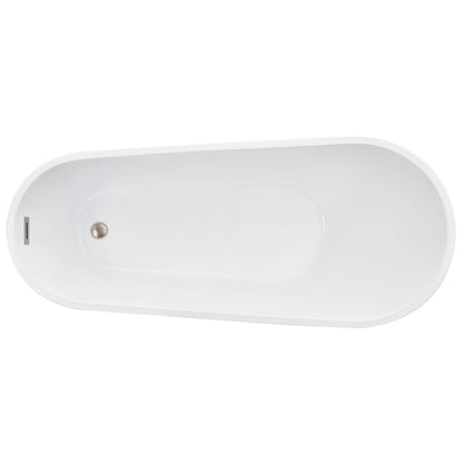 Acrylic Freestanding Bathtub, 67 Inch Contemporary Soaking White Tub with Brushed Nickel Overflow and Drain, Elegant Oval Shape Stand Alone Soaker Bathtub for Modern Bathroom or Remodel Project