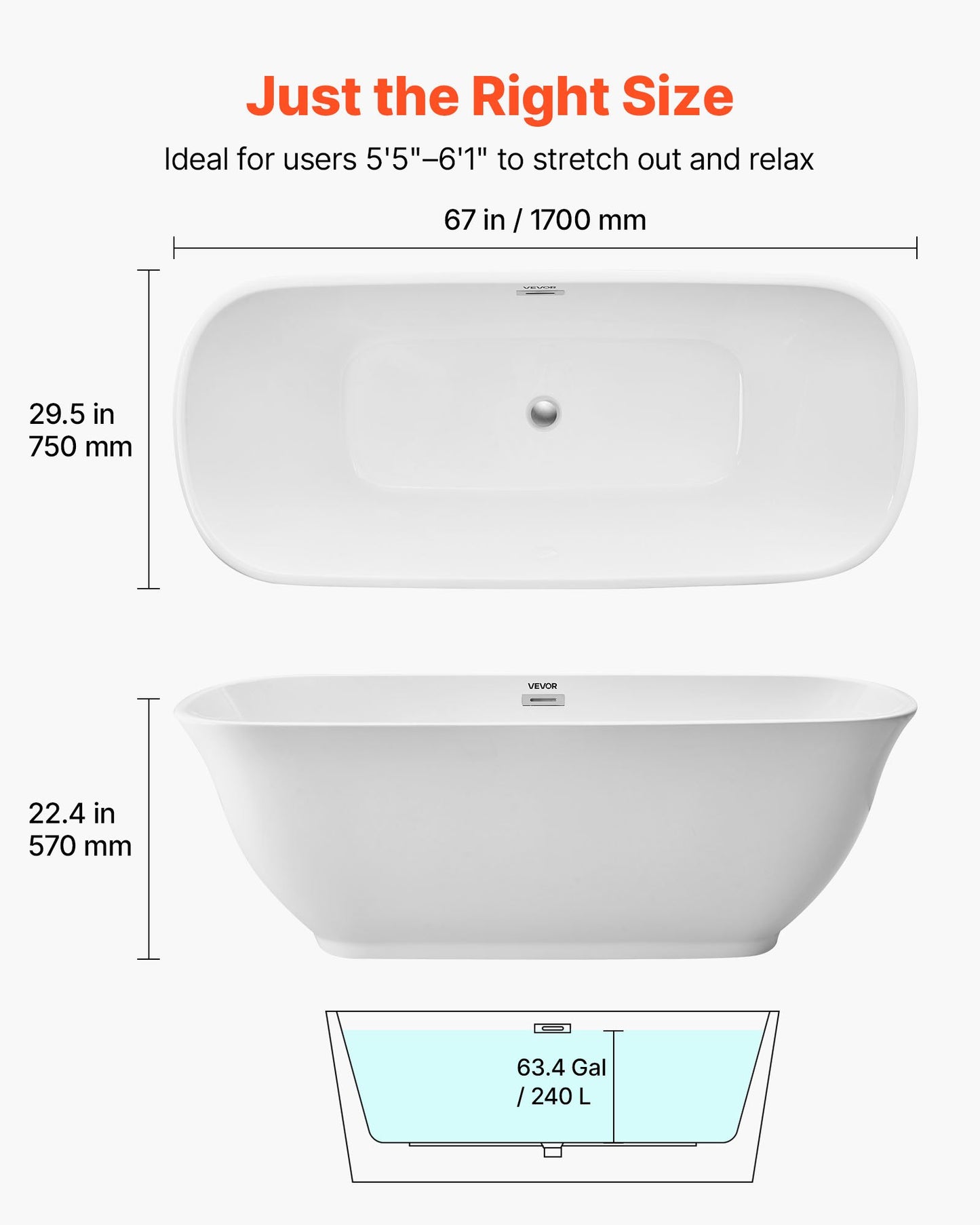 Acrylic Freestanding Bathtub, 67 Inch Contemporary Soaking White Tub with Polished Chrome Overflow and Drain, Elegant Oval Shape Stand Alone Soaker Tub for Modern Bathroom or Remodel Projects
