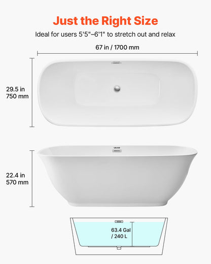 Acrylic Freestanding Bathtub, 67 Inch Contemporary Soaking White Tub with Polished Chrome Overflow and Drain, Elegant Oval Shape Stand Alone Soaker Tub for Modern Bathroom or Remodel Projects